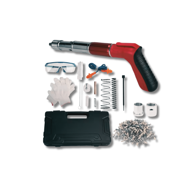 Remachadora manual con accesorios incluidos y maletín.